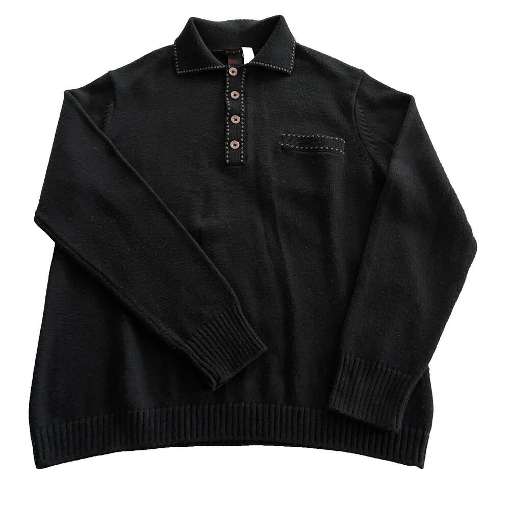 Tulliano Qtr Button Pullover Black Sweater Decorative Stitch Large 42" Chest